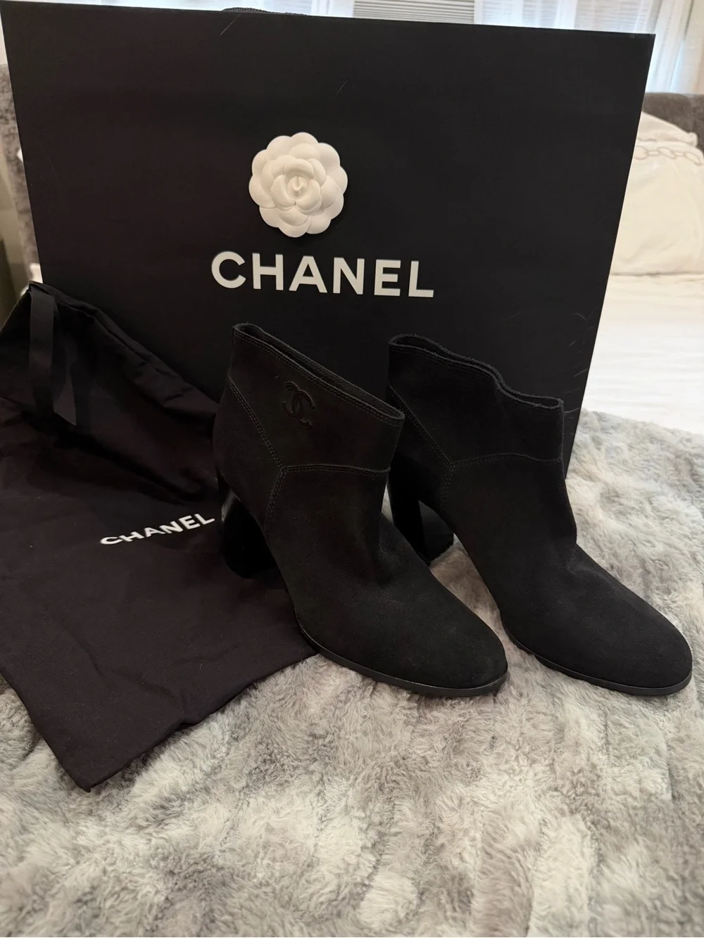 CHANEL Black Suede Ankle Booties with Sculpted Heel